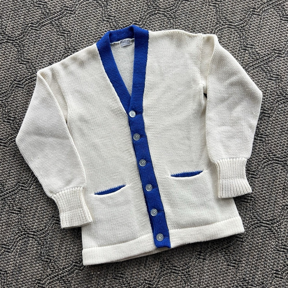 Vintage Cardigan Sweater Men's Medium White 60s Acrylic Knit Varsity Style